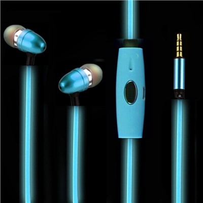 Светящиеся вакуумные металлические наушники Glow с синим EL свечением пуля