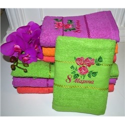 Махровое полотенце "8 Марта-Розы"-зелен. 50*90 см. хлопок 100%