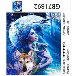 картина алмазная мозаика АМ34 GB71892 "Девушка с волчонком на фоне луны", 30х40 см