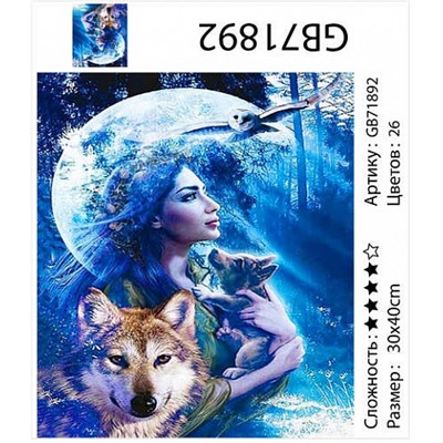 картина алмазная мозаика АМ34 GB71892 "Девушка с волчонком на фоне луны", 30х40 см