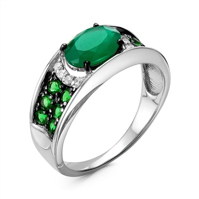 Кольцо из серебра с кварцем зеленый агат и фианитами родированное