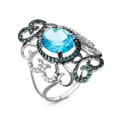 Кольцо из серебра с кварцем голубой топаз и фианитами родированное