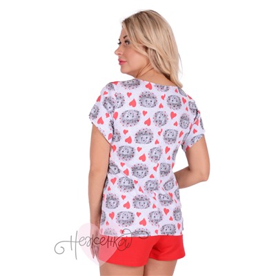 Женская пижама ЖП 005 (ежики и сердечки + красный)