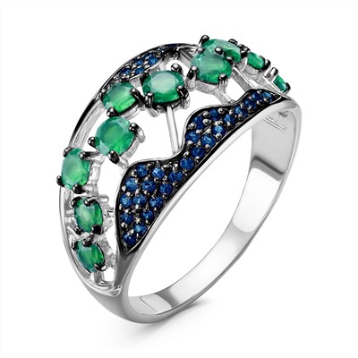 Кольцо из серебра с нат.зеленым агатом и синим наношпинелем родированное