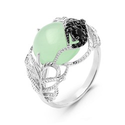 Кольцо из серебра с кварцем зеленый агат и фианитами родированное