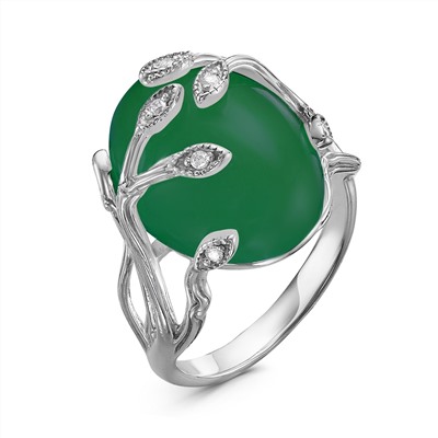 Кольцо из серебра с рек.зелёным агатом и фианитами родированное