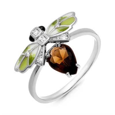 Кольцо из серебра с кварцем раухтопаз, фианитами и эмалью родированное - Пчела