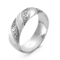 Кольцо обручальное из серебра с ручной гравировкой родированное