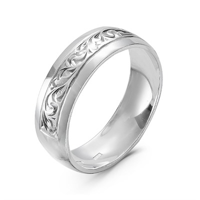 Кольцо обручальное из серебра с ручной гравировкой родированное