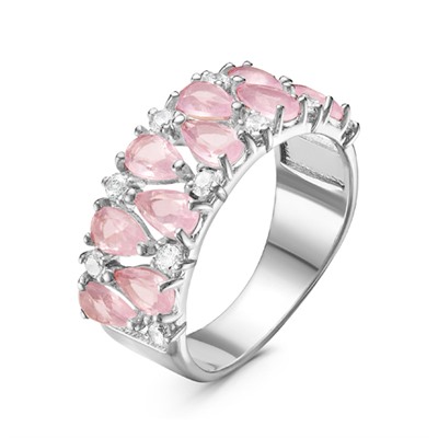 Кольцо из серебра с мутно-розовым кварцем и фианитами родированное