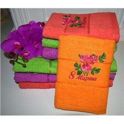 Махровое полотенце "8 Марта-Розы"-апельсин 50*90 см. хлопок 100%