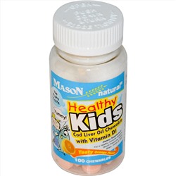 Mason Vitamins, Healthy Kids, Масло печени трески, с витамином D, апельсиновый вкус 100 жевательных капсул
