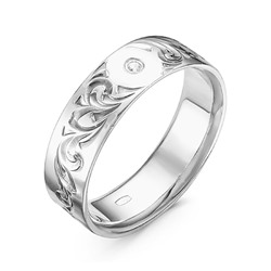 Кольцо обручальное из серебра с ручной гравировкой и фианитом родированное
