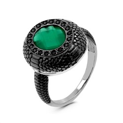 Кольцо из серебра с кварцем зеленый агат, фианитами и тёмным родированием