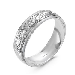 Кольцо обручальное из серебра с ручной гравировкой и фианитами родированное