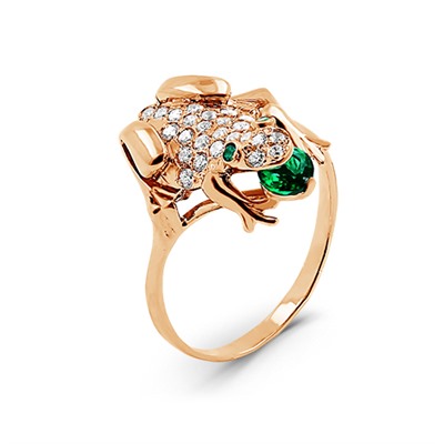 Кольцо из золочёного серебра с зеленым кварцем и фианитами - Лягушка